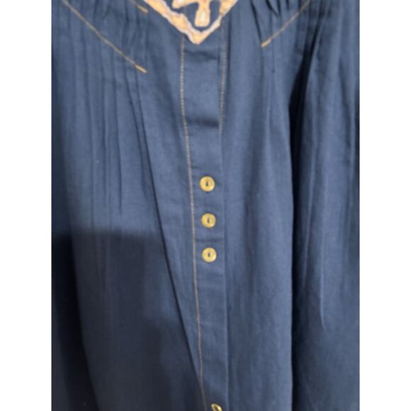 Free People Dress Large Aline Denim Embroidered Foral Short Sleeve Mini Boho - Picture 4 of 12